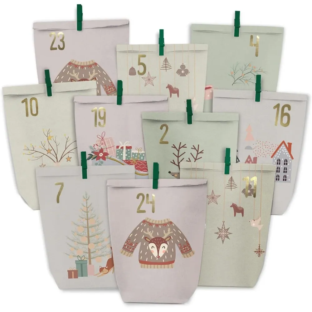 Adventskalender Kraftpapier Set - 24 Weihnachtstüten, selbst