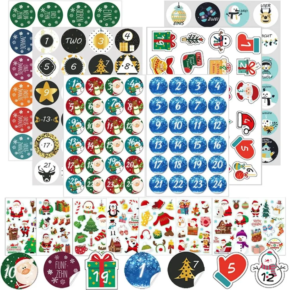 24 Adventskalender Nummer Aufkleber Weihnachten Set