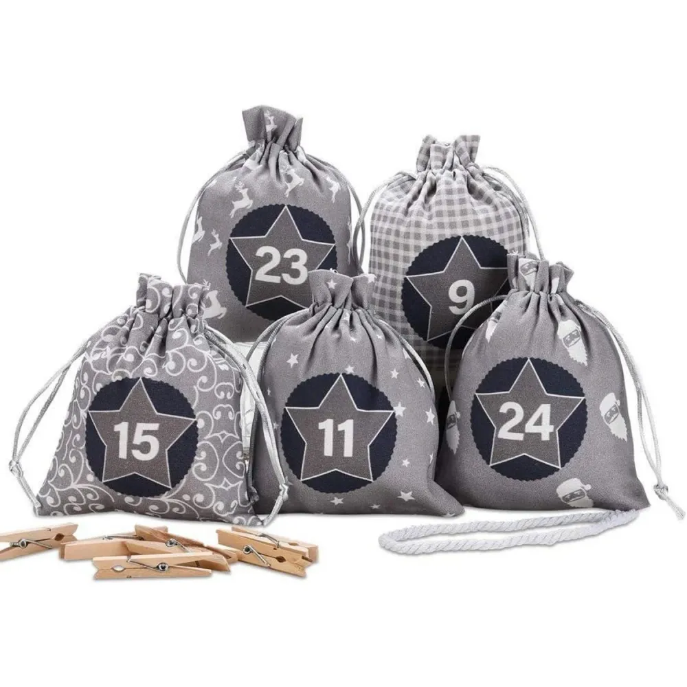 Adventskalender Weihnachtsmann 24 Stoffsäckchen Sterne