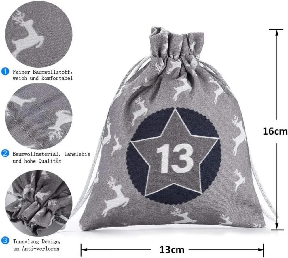 Adventskalender Weihnachtsmann 24 Stoffsäckchen Sterne