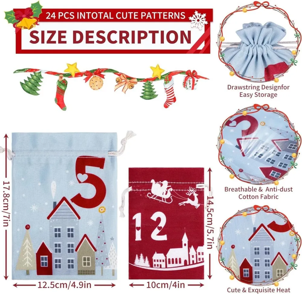 Adventskalender zum Befüllen für Kinder 24 Stoffbeutel