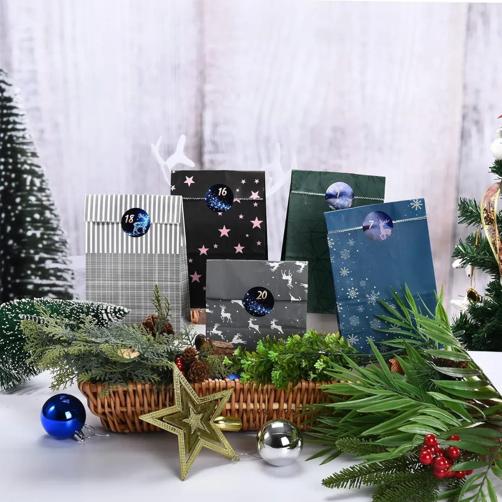 Adventskalender zum Befüllen 24 Kraftpapiertüten Blau Grau