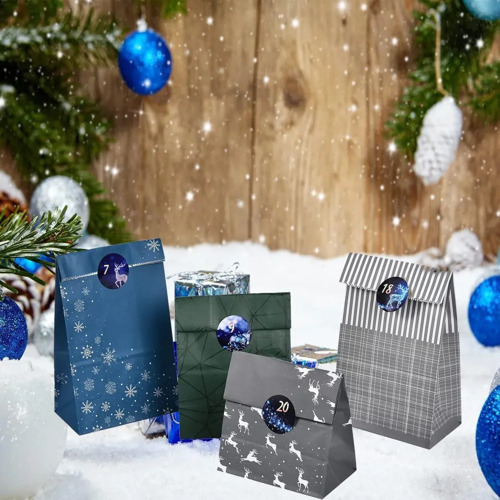 Adventskalender zum Befüllen 24 Kraftpapiertüten Blau Grau