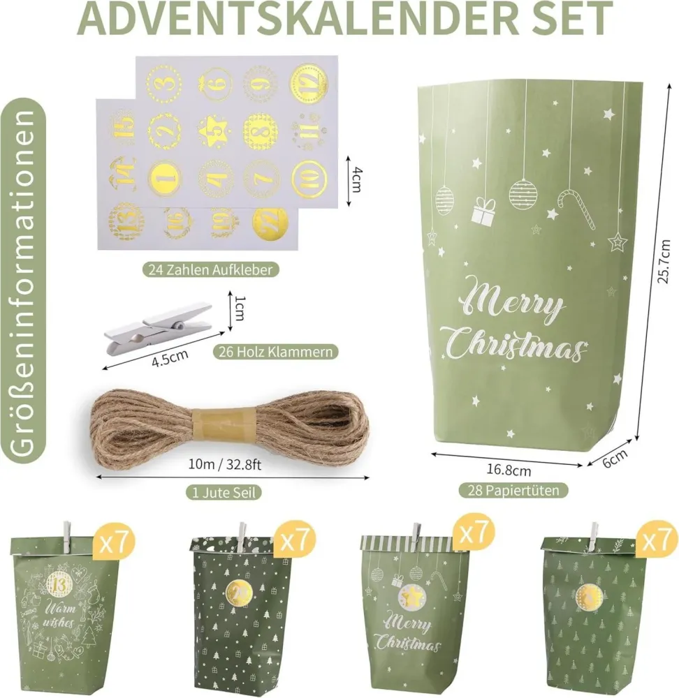 Adventskalender zum Befüllen mit Papier Adventstüten und