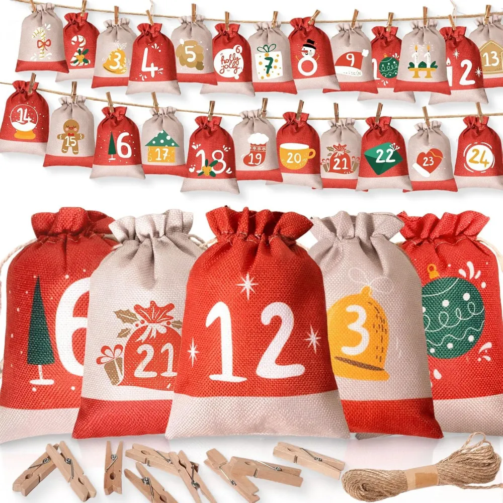 Adventskalender zum Befüllen 24 Säckchen Set 18x13cm Jute