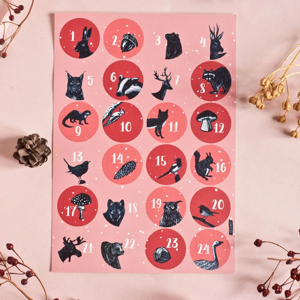Aufkleberbogen Adventskalender mit Tiermotiven A5, rot