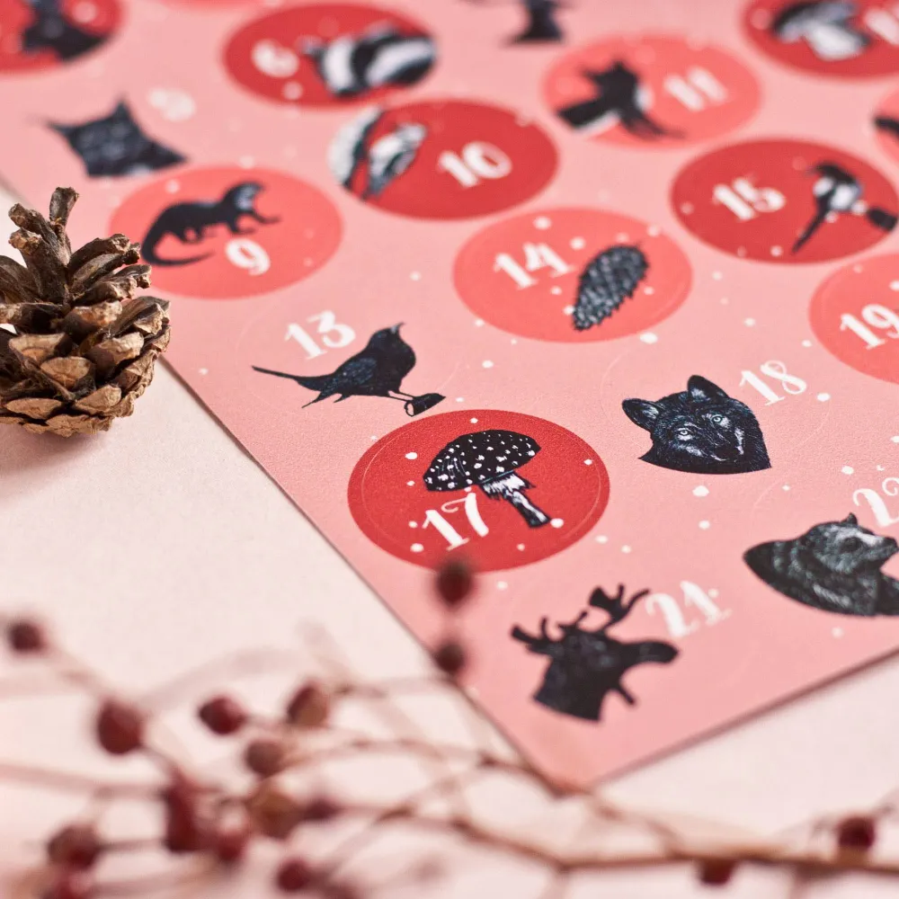 Aufkleberbogen Adventskalender mit Tiermotiven A5, rot