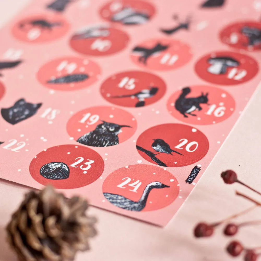 Aufkleberbogen Adventskalender mit Tiermotiven A5, rot