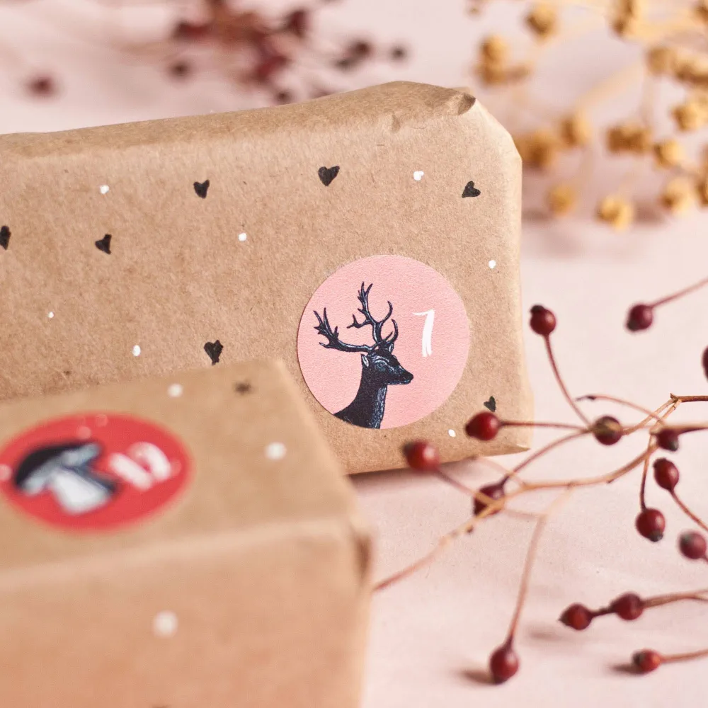 Aufkleberbogen Adventskalender mit Tiermotiven A5, rot