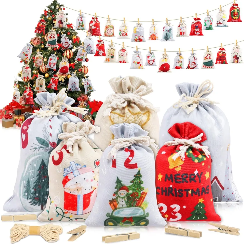 DIY Adventskalender Stoff Säckchen Set 24 große/kleine Tüten