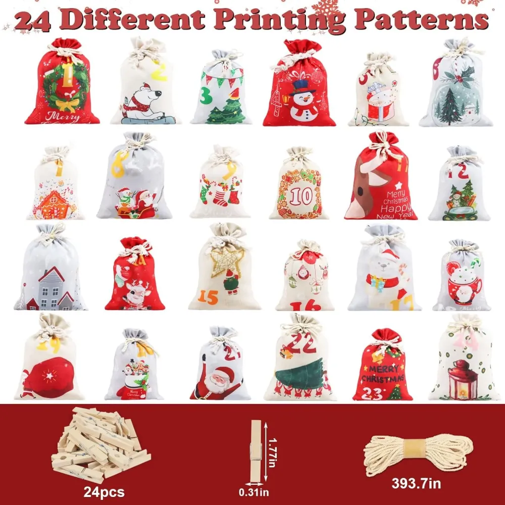 DIY Adventskalender Stoff Säckchen Set 24 große/kleine Tüten