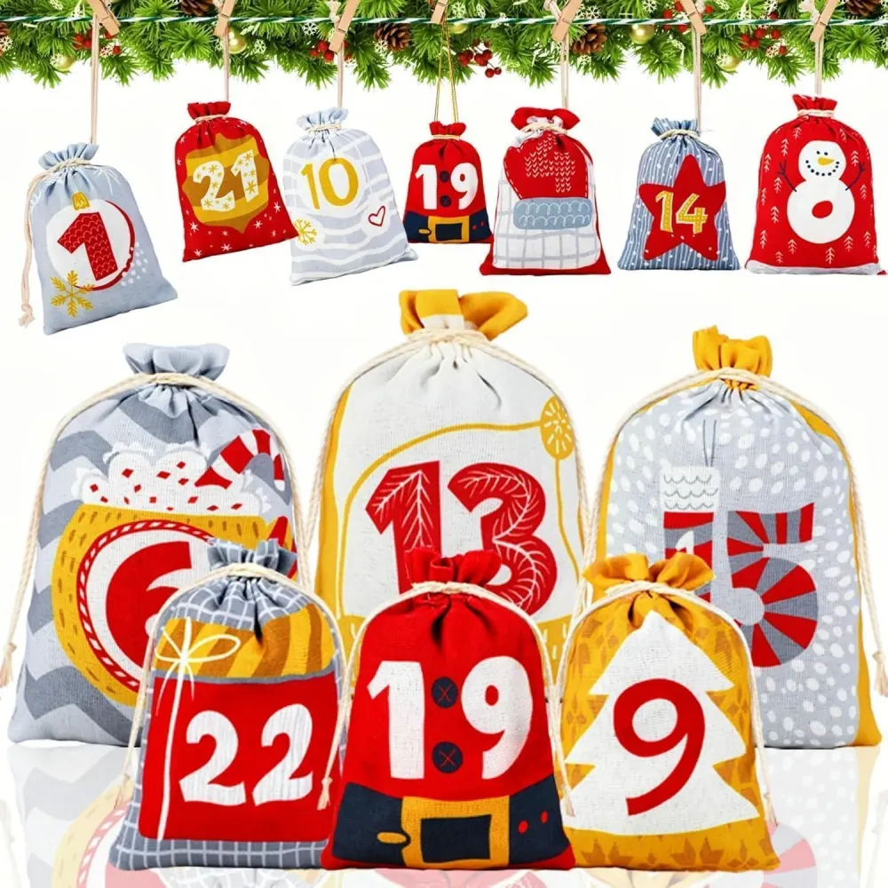 SINSOM Adventskalender zum Befüllen 24 Stoffbeutel Kinderrot
