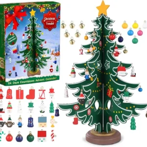 Weihnachts-Adventskalender 2024 mit Holzbaum & 29 Ornamenten