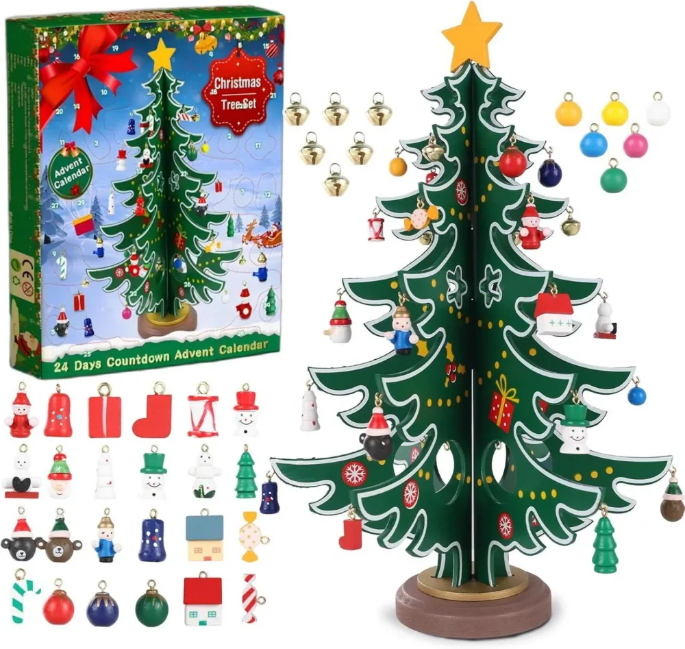 Weihnachts-Adventskalender 2024 mit Holzbaum & 29 Ornamenten
