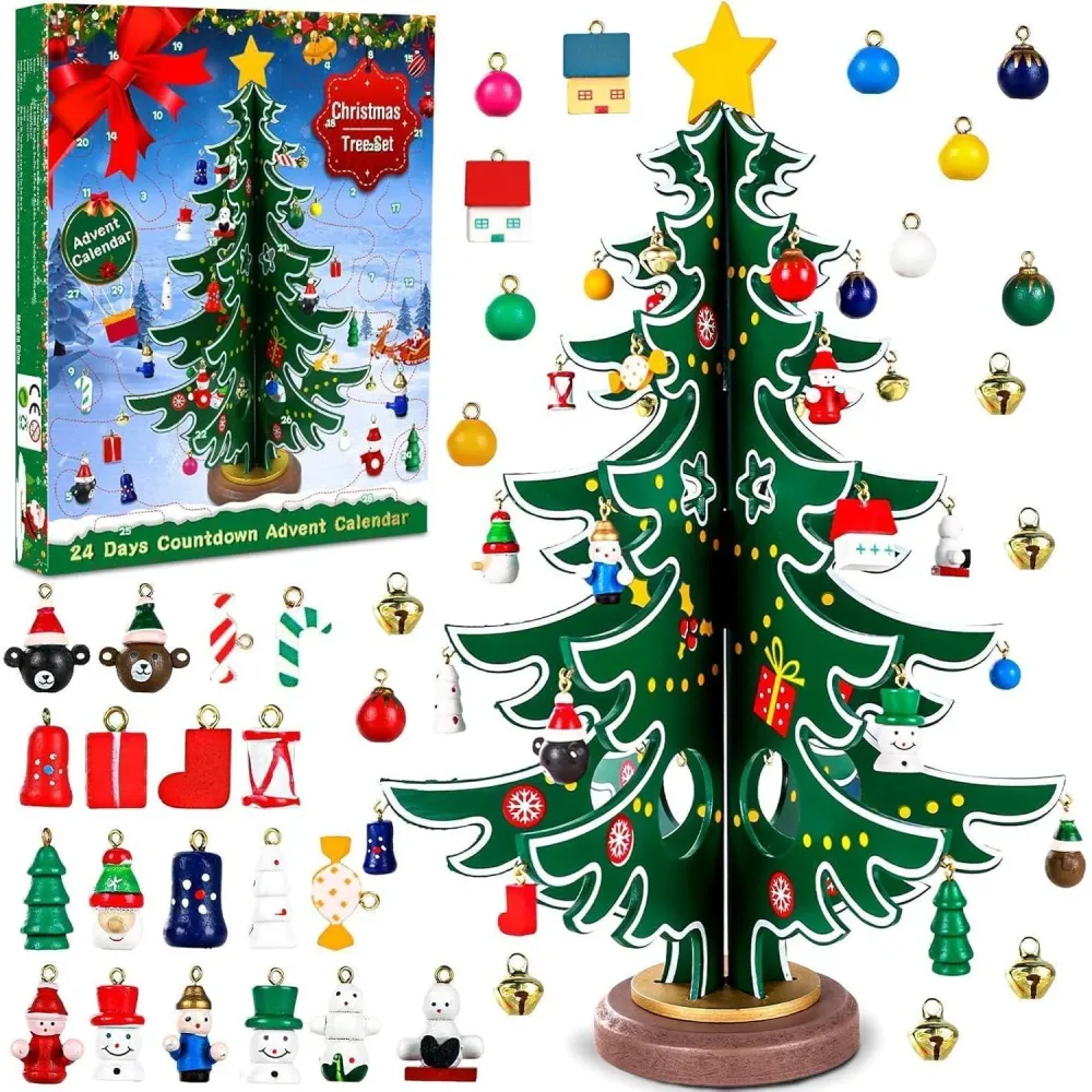 Weihnachts-Adventskalender 2024 mit Holzbaum & 29 Ornamenten