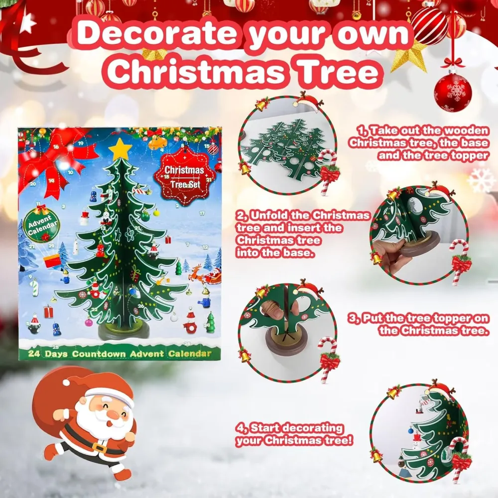Weihnachts-Adventskalender 2024 mit Holzbaum & 29 Ornamenten