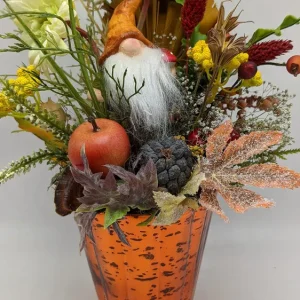 Tischgesteck Herbstgesteck Herbstdekoration Seidenblumen Wichtel Gerbera Apfel orange