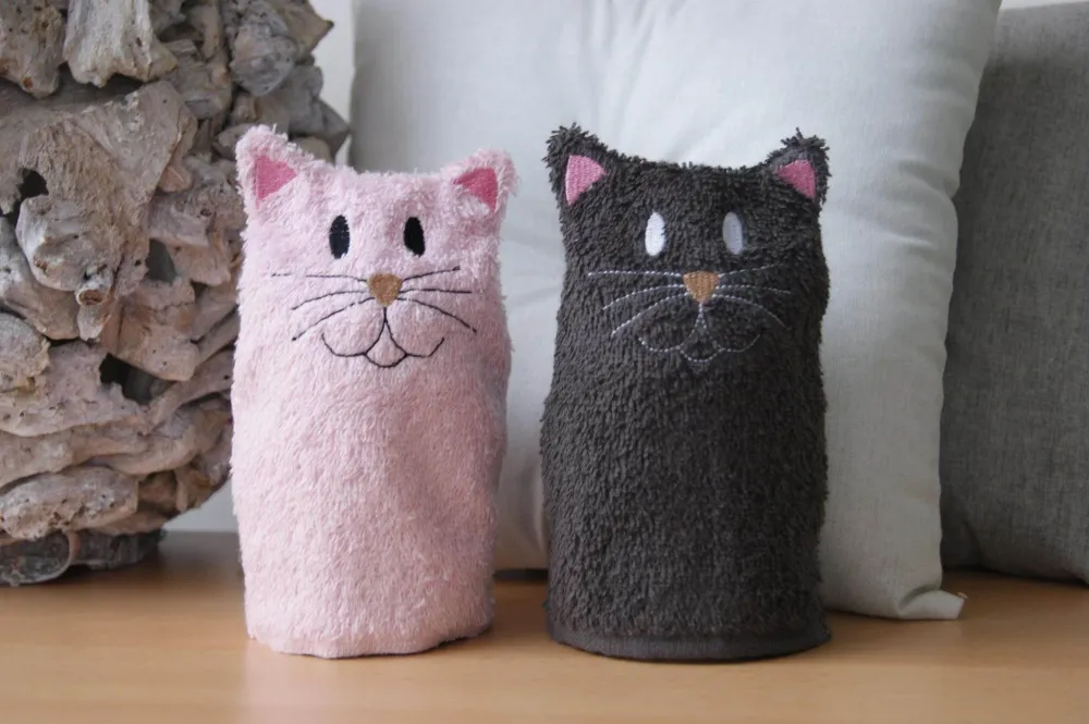Katzen-Waschlappen Stickdatei ITH 13x18 Waschhandschuh Katze Geburt Geschenk Baby