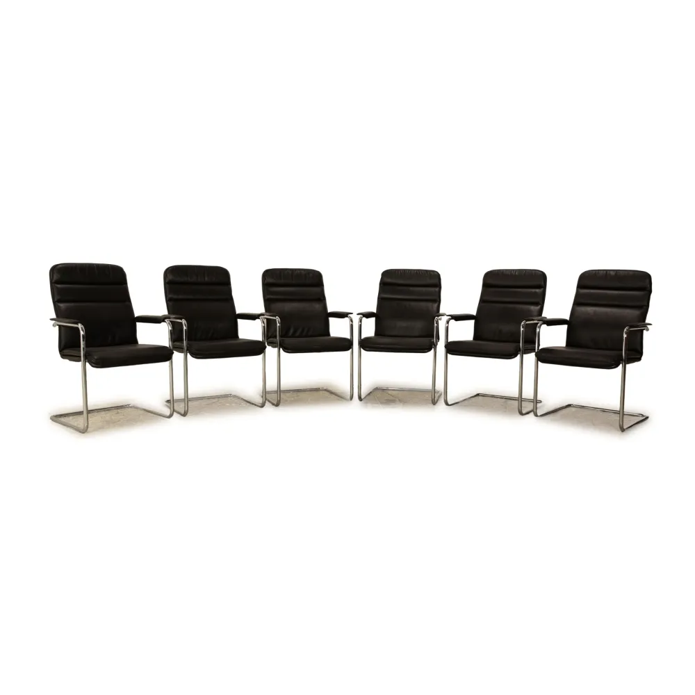 6er Garnitur Thonet Leder Stuhl Schwarz Vintage