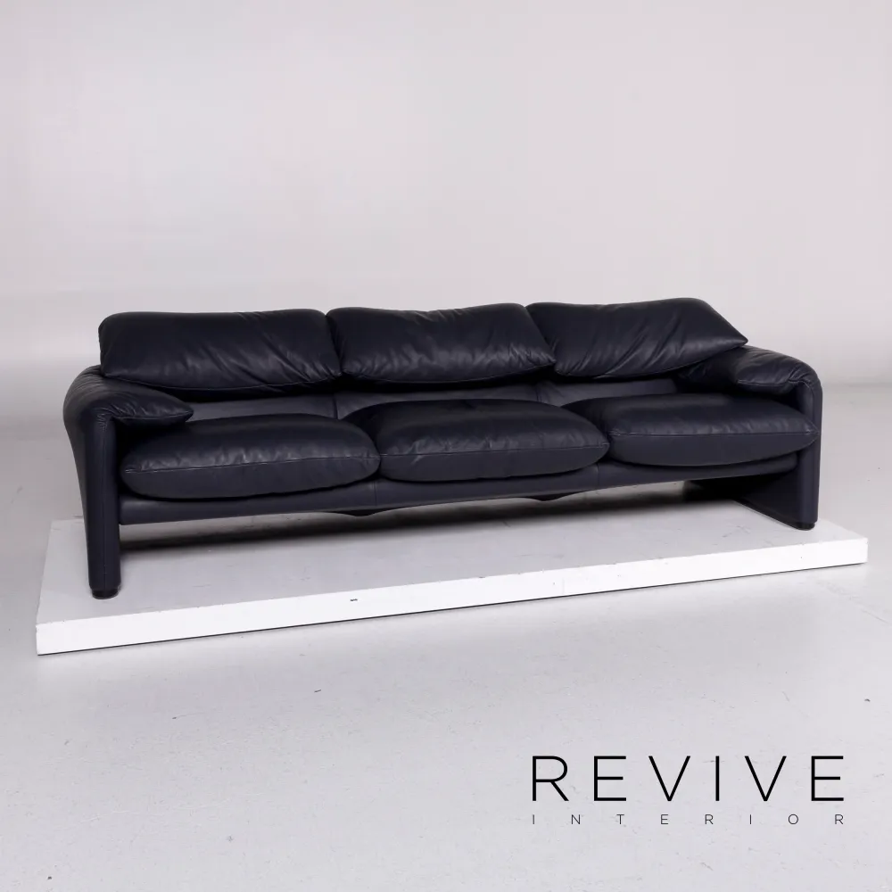 Cassina Maralunga Leder Sofa Garnitur Blau Dunkelblau 1x Dreisitzer 3x Sessel 1x Hocker #11335