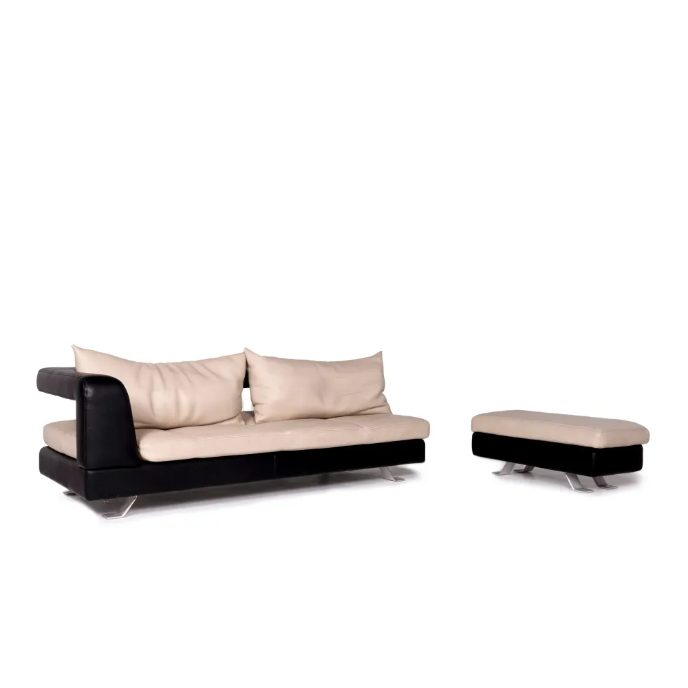 Formenti Leder Sofa Garnitur Creme Dunkelbraun 1x Dreisitzer 1x Hocker #11048