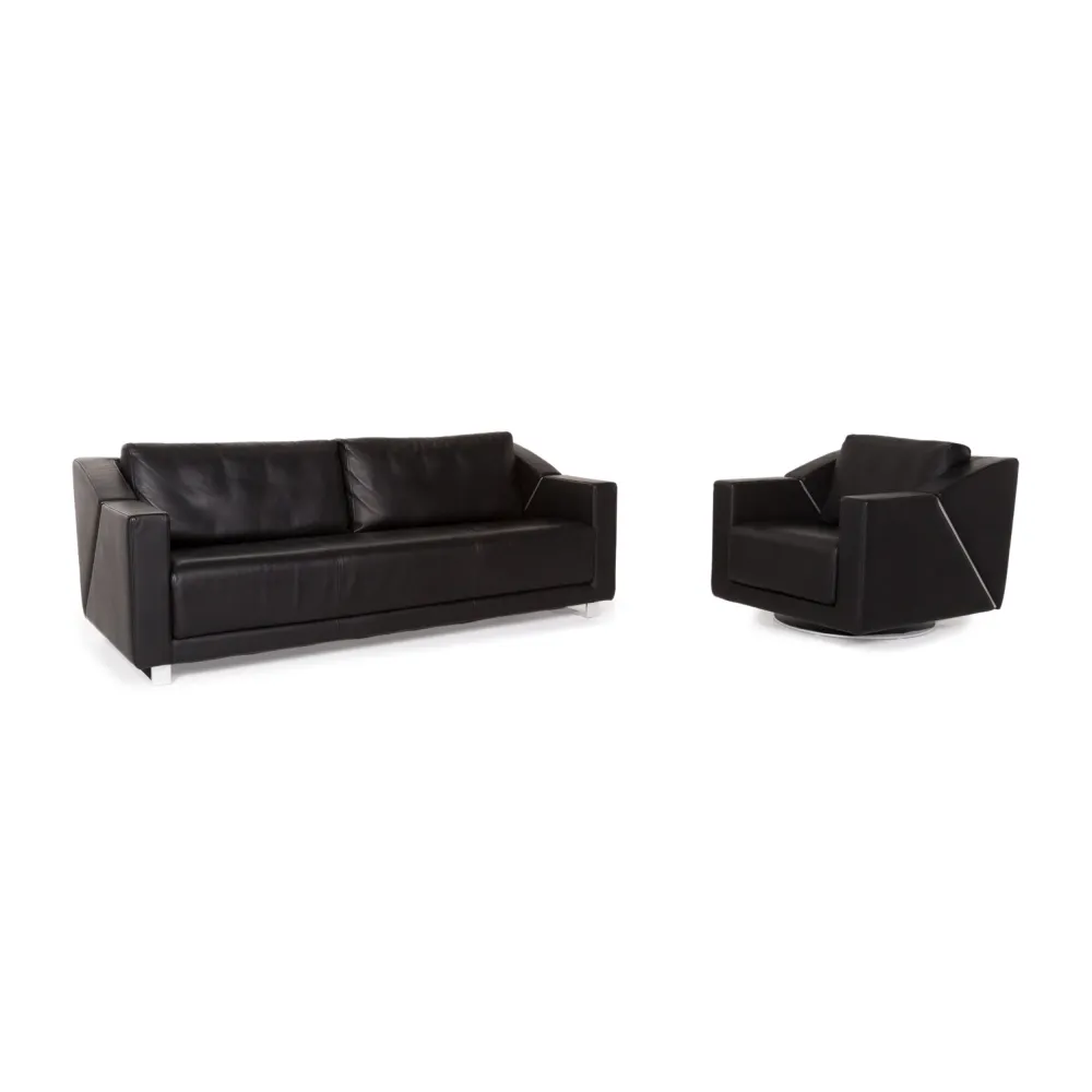 Rolf Benz 350 Leder Sofa Garnitur Schwarz 1x Zweisitzer 1x Sessel #13420