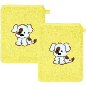 2er Set Baby Waschhandschuhe bestickt mit Hund - Gelb 15x21 cm