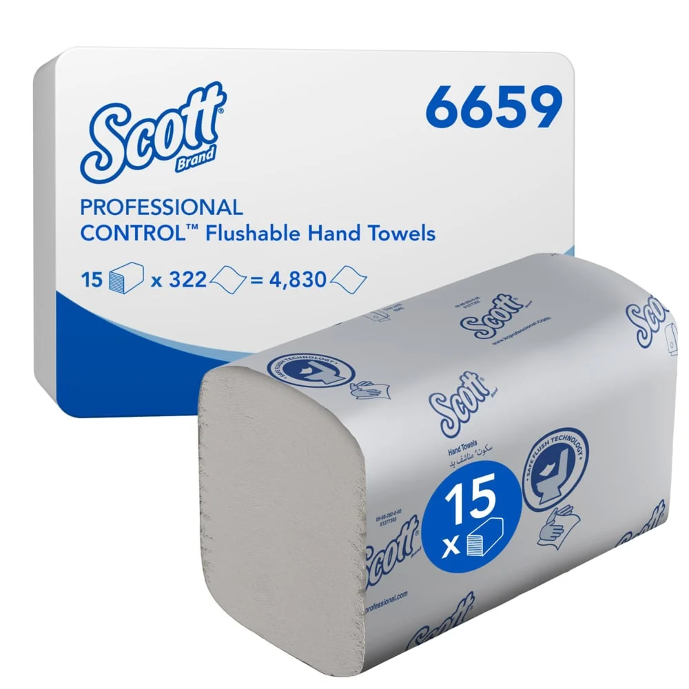 Scott® Control™ Herunterspülbare Falthandtücher - Weiß - 15 Clips x 322 Sheets | Karton (15 Päckchen)