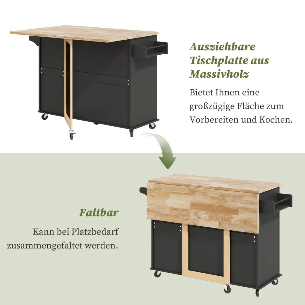 Mobiler Küchentisch Eiche 137x43(76)x92 cm mit klappbarer Arbeitsplatte, 3 Schubladen, Handtuchhalter, Multifunktionsschrank