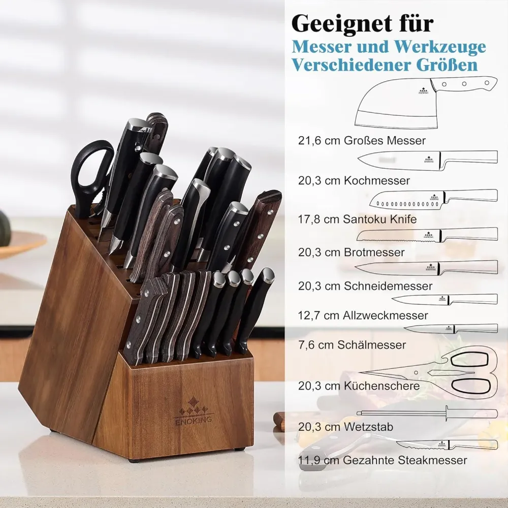 ENOKING Messerblock Akazienholz 25 Schlitze Küchenmesser Block
