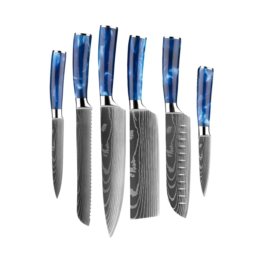 Epoxy Saphir Damascus Print 6-teiliges Messerset + Akazienhalter, einseitig