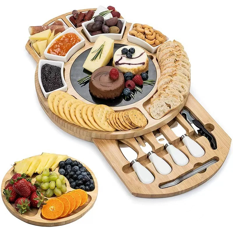 Premium Akazienholz Käsebrett mit Ausziehbarer Schublade Multifunktionales Schneidebrett für Käse Obst und Brot Elegantes...