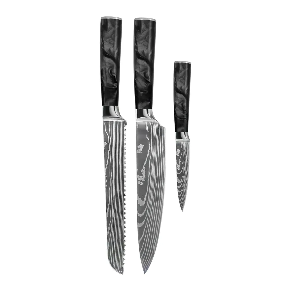 Shinrai Knives – 3-teiliges Messerset mit Damaszener-Print und Epoxid-Onyx – Kochmesser + Brotmesser + Schälmesser