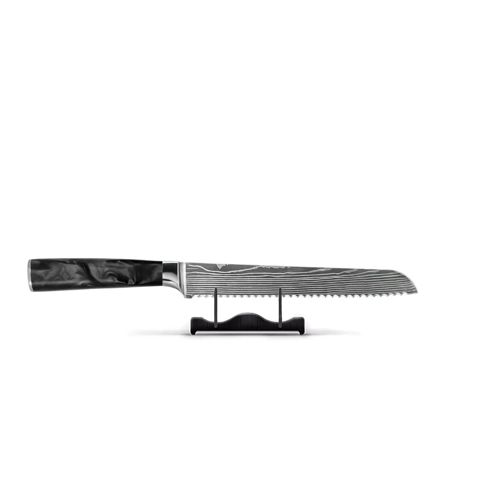 Shinrai Knives – 3-teiliges Messerset mit Damaszener-Print und Epoxid-Onyx – Kochmesser + Brotmesser + Schälmesser