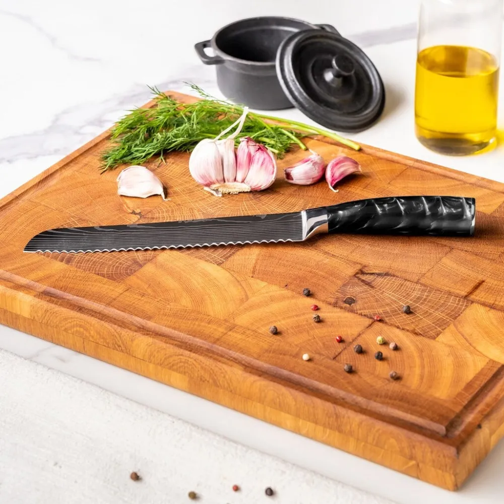 Shinrai Knives – 3-teiliges Messerset mit Damaszener-Print und Epoxid-Onyx – Kochmesser + Brotmesser + Schälmesser