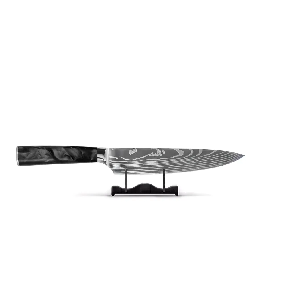 Shinrai Knives – 3-teiliges Messerset mit Damaszener-Print und Epoxid-Onyx – Kochmesser + Brotmesser + Schälmesser