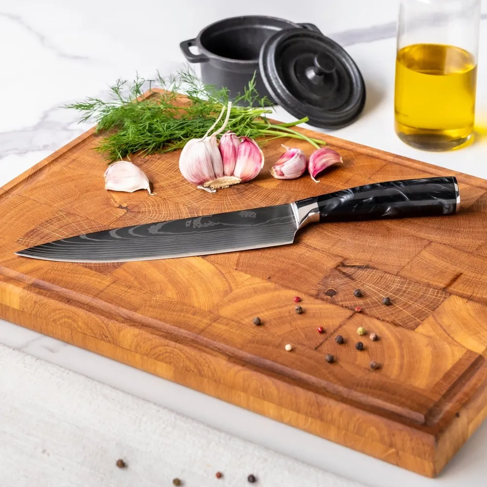 Shinrai Knives – 3-teiliges Messerset mit Damaszener-Print und Epoxid-Onyx – Kochmesser + Brotmesser + Schälmesser