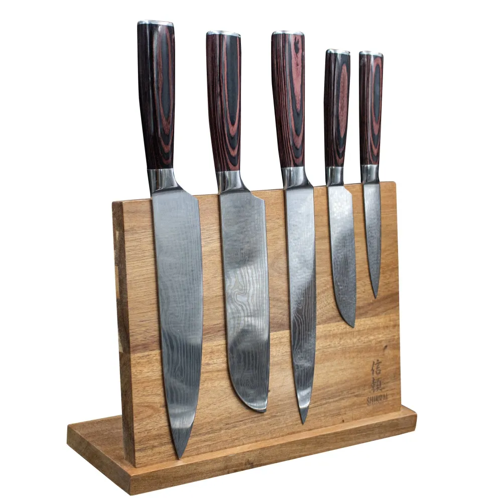 Shinrai Knives - 5-teiliges Messerset mit Damascus-Print + magnetischer Messerblock doppelseitig