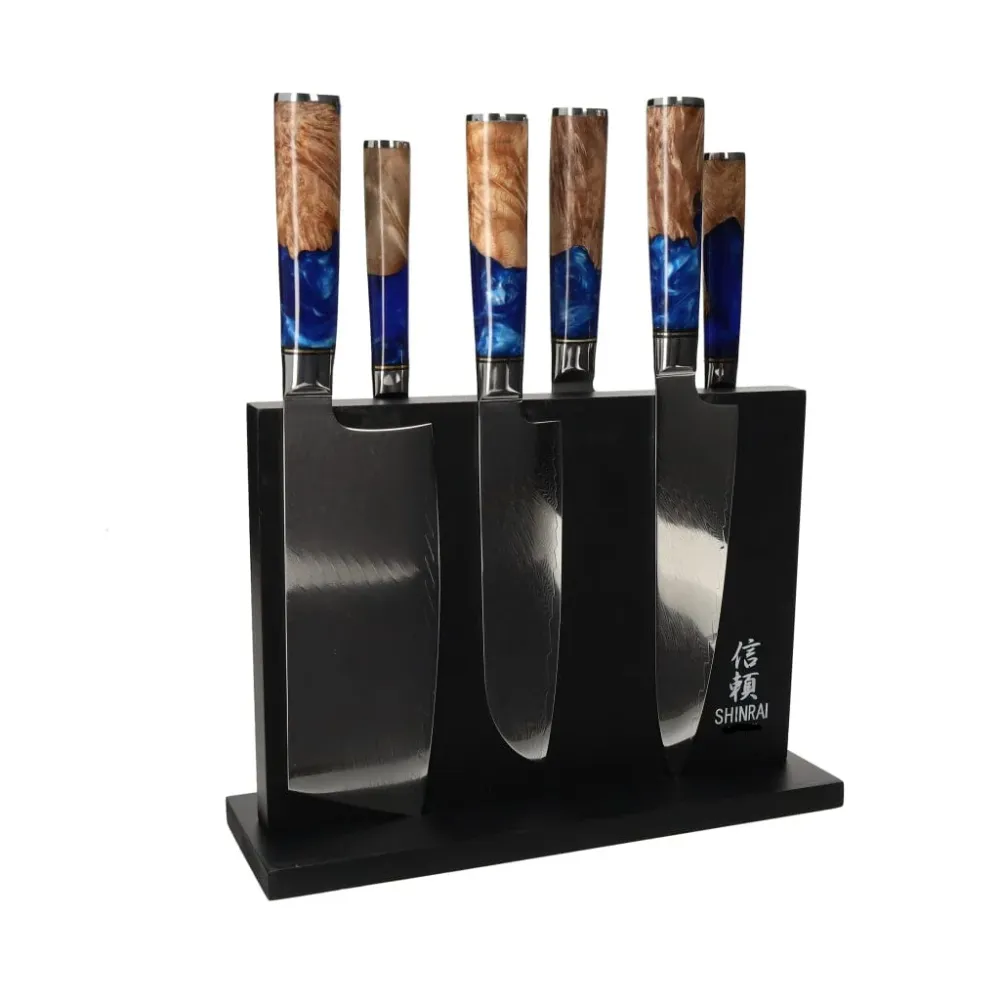 Shinrai Knives – 6-teiliges Damaskus-Messerset aus Epoxid-Saphir + doppelseitiger magnetischer Messerblock – Schwarz