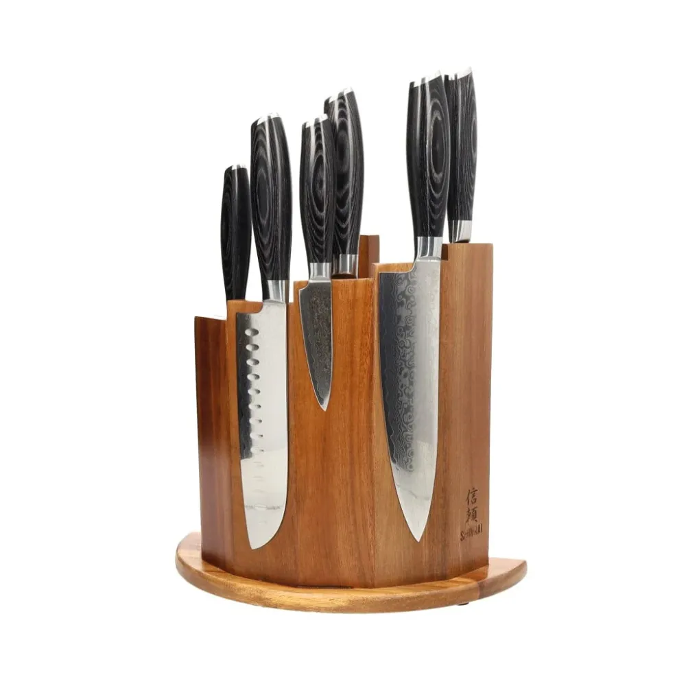 Shinrai Knives – 6-teiliges Messerset aus Damast-Pakkaholz + magnetischer Messerblock Scalae – Akazienholz