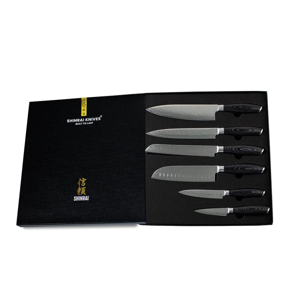 Shinrai Knives – 6-teiliges Messerset aus Damast-Pakkaholz + magnetischer Messerblock Scalae – Akazienholz