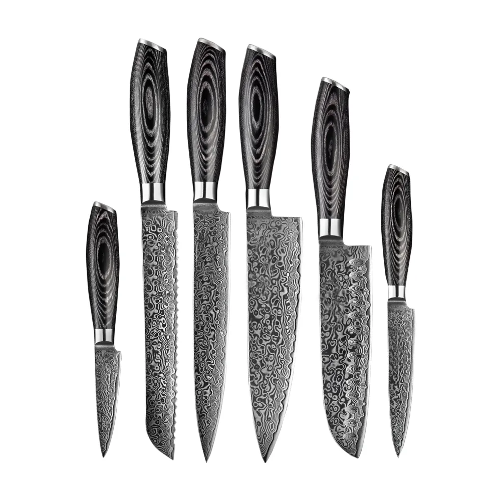 Shinrai Knives – 6-teiliges Messerset aus Damast-Pakkaholz + magnetischer Messerblock Scalae – Akazienholz