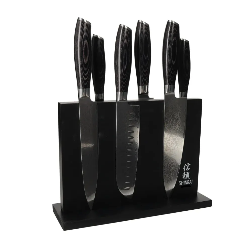 Shinrai Knives - 6-teiliges Messerset aus Damast-Pakkaholz + doppelseitiger magnetischer Messerblock - Schwarz