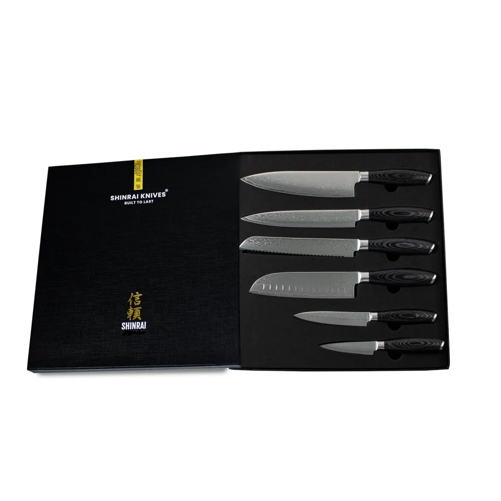 Shinrai Knives - 6-teiliges Messerset aus Damast-Pakkaholz + doppelseitiger magnetischer Messerblock - Schwarz