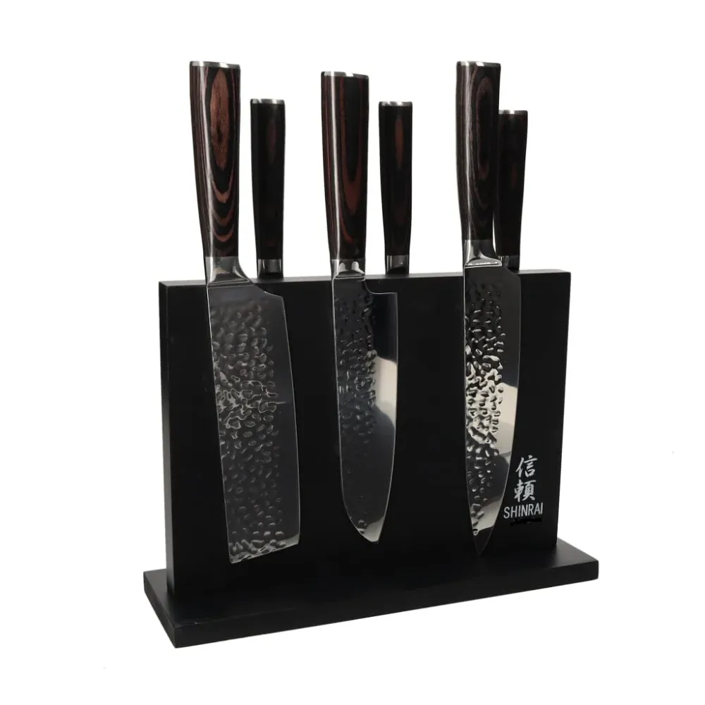 Shinrai Knives – 6-teiliges Messerset aus gehämmertem Edelstahl + doppelseitiger magnetischer Messerblock – Schwarz