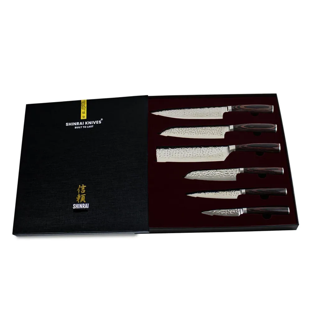Shinrai Knives – 6-teiliges Messerset aus gehämmertem Edelstahl + doppelseitiger magnetischer Messerblock – Schwarz