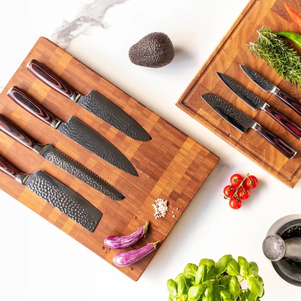 Shinrai Knives – 6-teiliges Messerset aus gehämmertem Edelstahl + doppelseitiger magnetischer Messerblock – Schwarz
