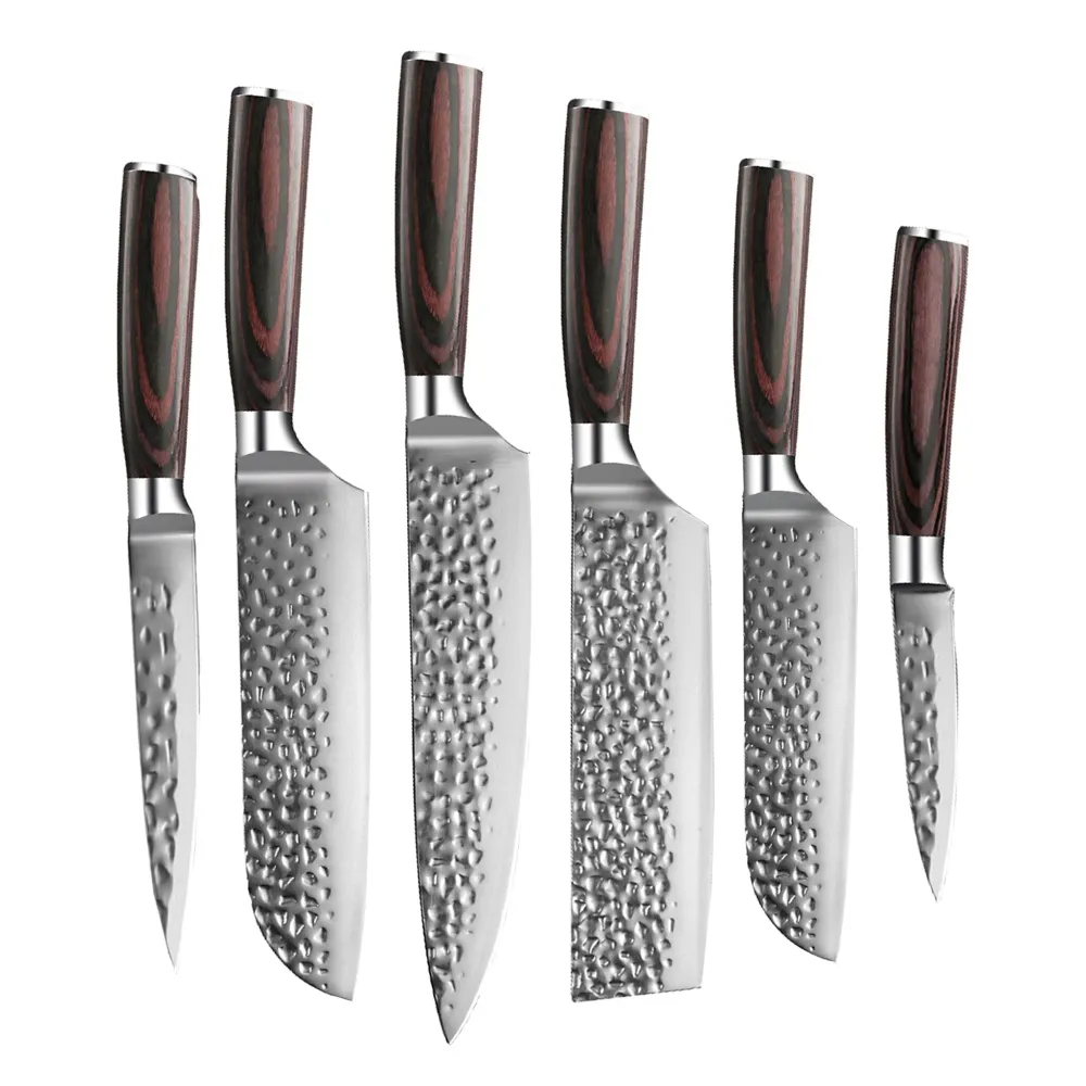 Shinrai Knives - 6-teiliges Messerset aus gehämmertem Edelstahl + Messerblock + Schleifstein