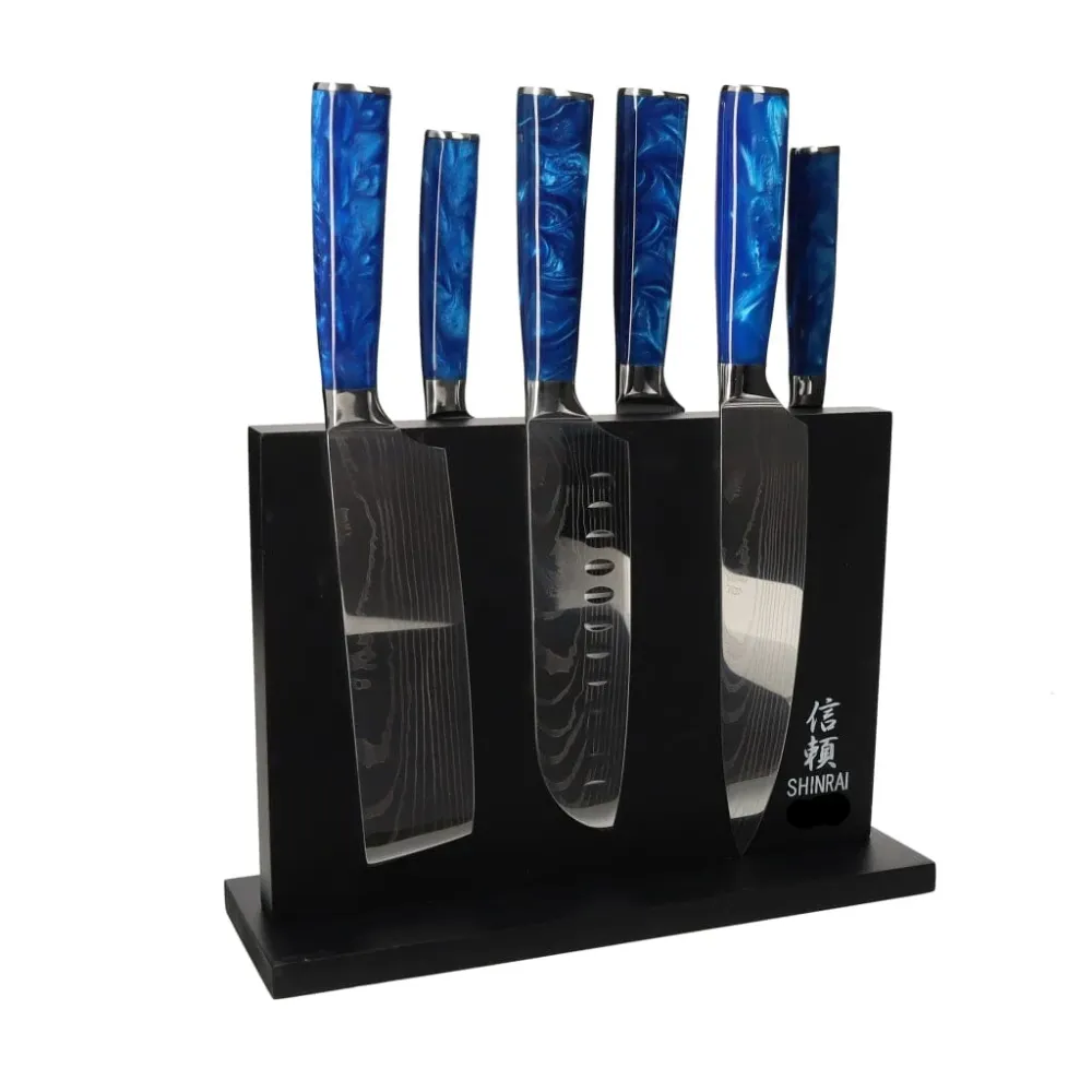 Shinrai Knives – 6-teiliges Messerset mit Epoxid-Saphir-Damaskus-Druck + doppelseitiger magnetischer Messerblock – Schwarz
