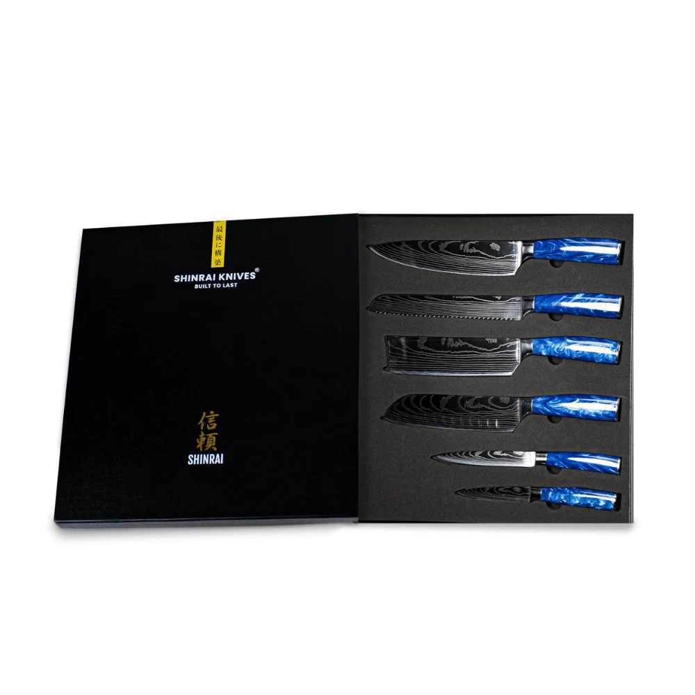 Shinrai Knives – 6-teiliges Messerset mit Epoxid-Saphir-Damaskus-Druck + doppelseitiger magnetischer Messerblock – Schwarz